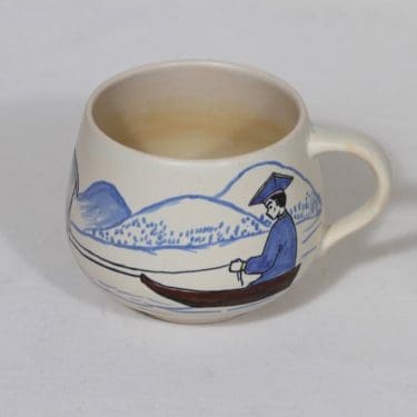 Kupittaan savi mug, hand-painted, designer Rauno Lammela, signed, Lapland theme
