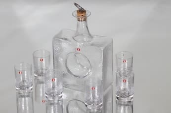 Iittala Mini karahvi ja lasit, kirkas, 6 kpl, suunnittelija Tapio Wirkkala, pieni