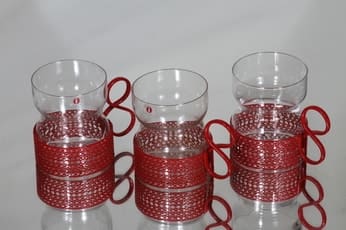 Iittala Tsaikka teelasit, kirkas, 3 kpl, suunnittelija Timo Sarpaneva, punainen kahva
