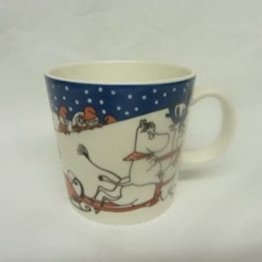 Arabia Muumi mug, Joulutervehdys, designer Tove Slotte, Tove Jansson, silk screening, muumi theme