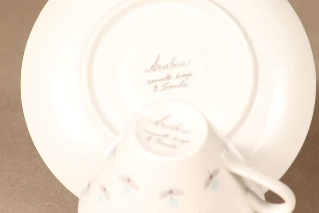 Arabia Monica coffee cup, saucer and demitasse, handpainted