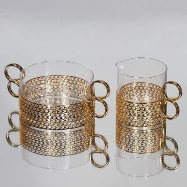 Iittala Karaatti sokerikko ja kermakko, kirkas, suunnittelija Timo Sarpaneva, kullattu