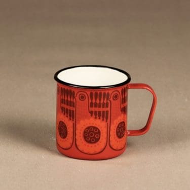 Finel Lintu muki, punainen, suunnittelija Raija Uosikkinen, serikuva, retro